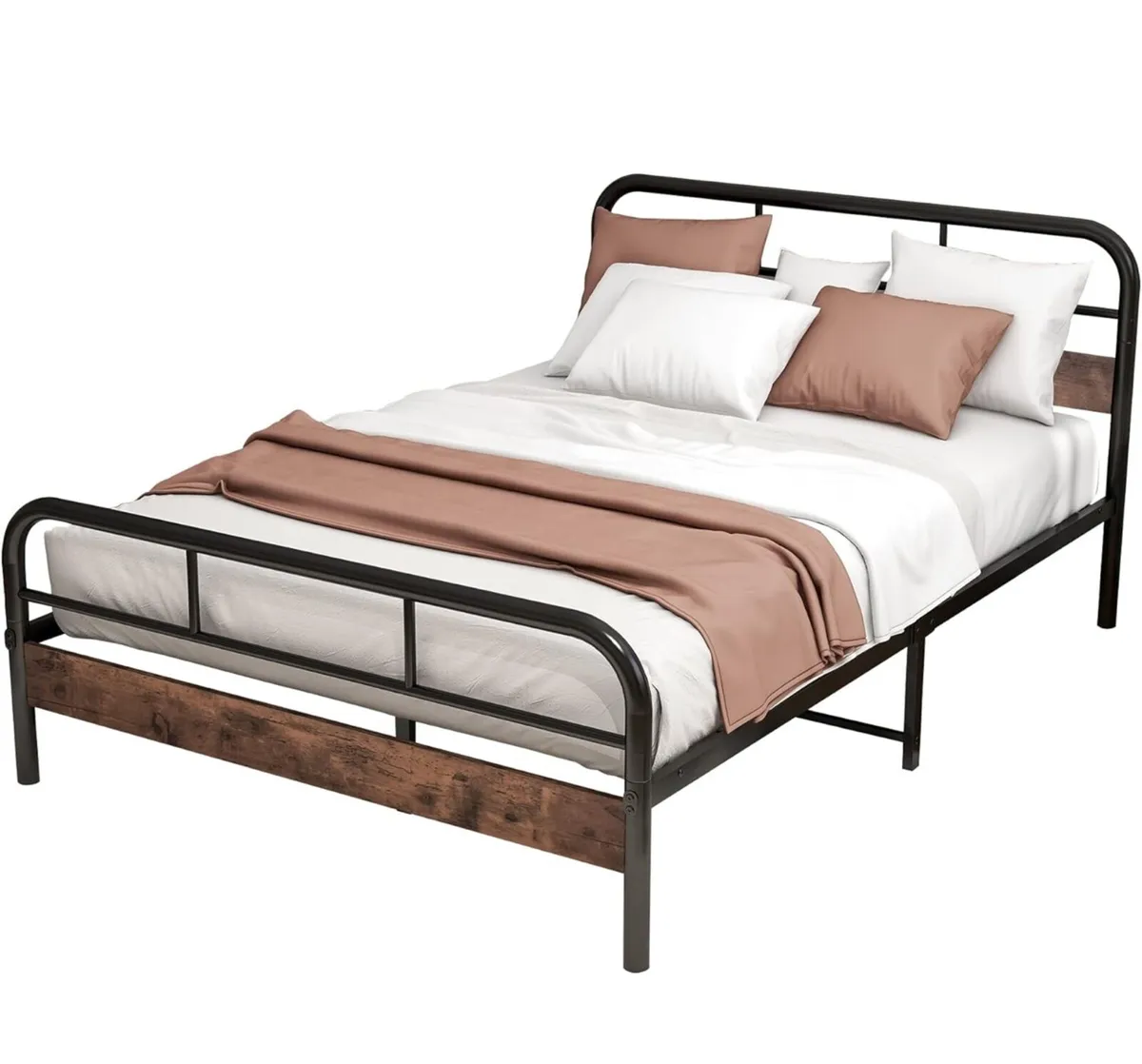 4ft6 Double Bed Frame with Wooden Headboard, Metal - Image 2
