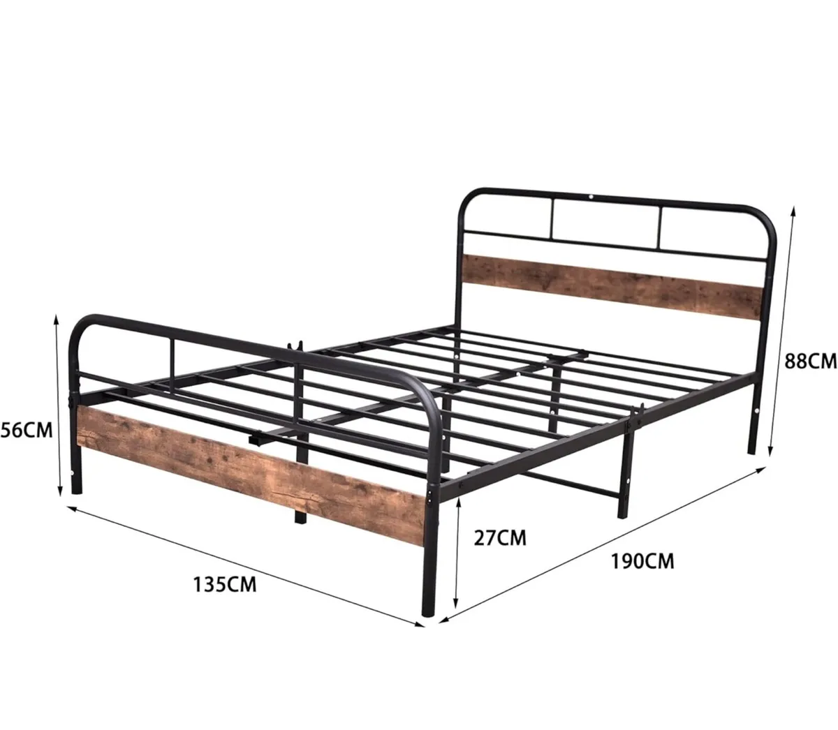 4ft6 Double Bed Frame with Wooden Headboard, Metal - Image 3