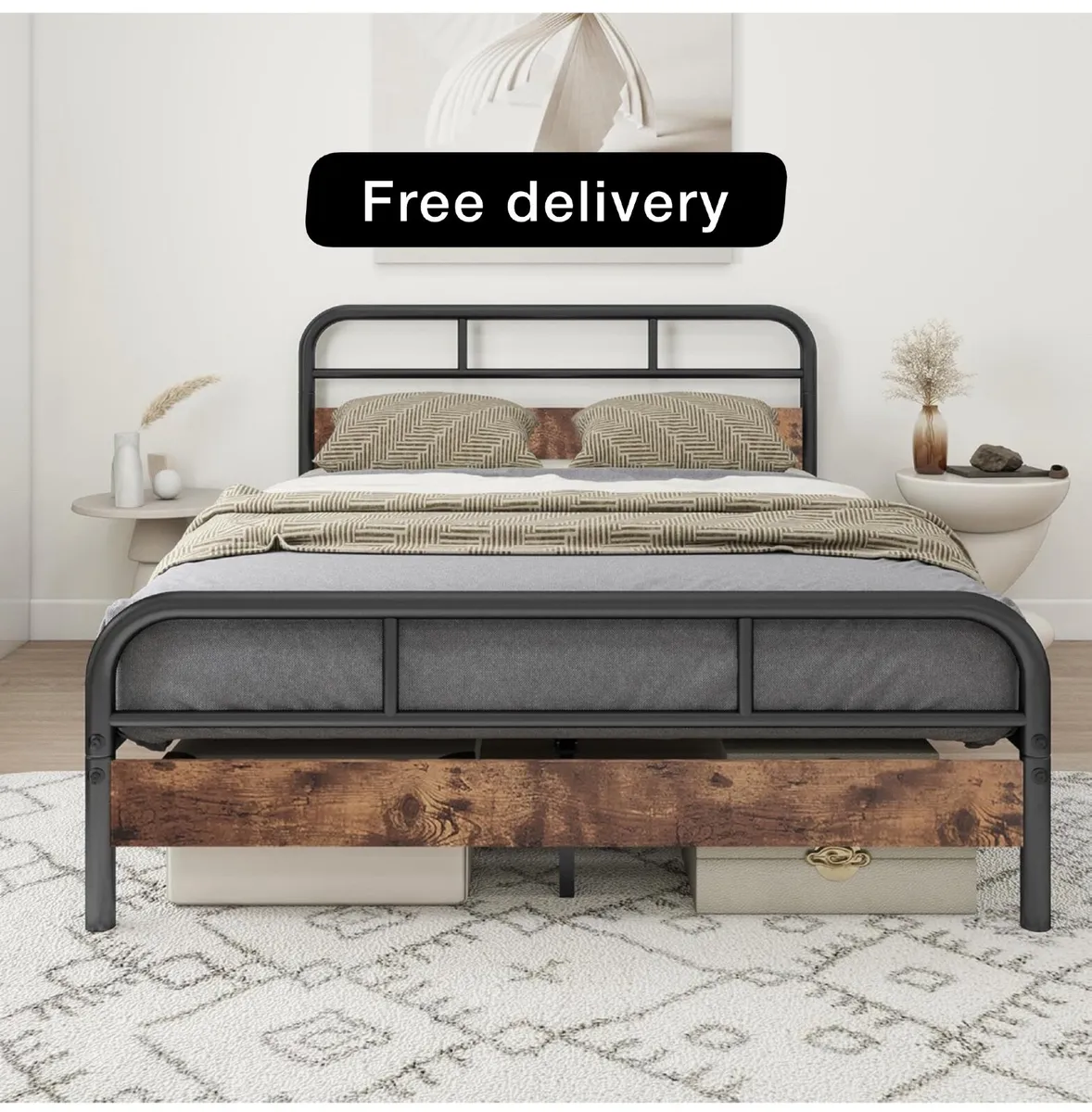 4ft6 Double Bed Frame with Wooden Headboard, Metal - Image 1
