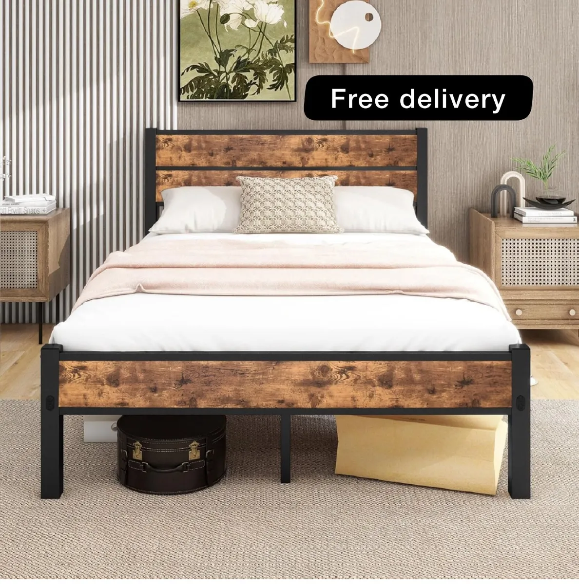 Bed Frame with Wooden Headboard and Footboard - Image 1