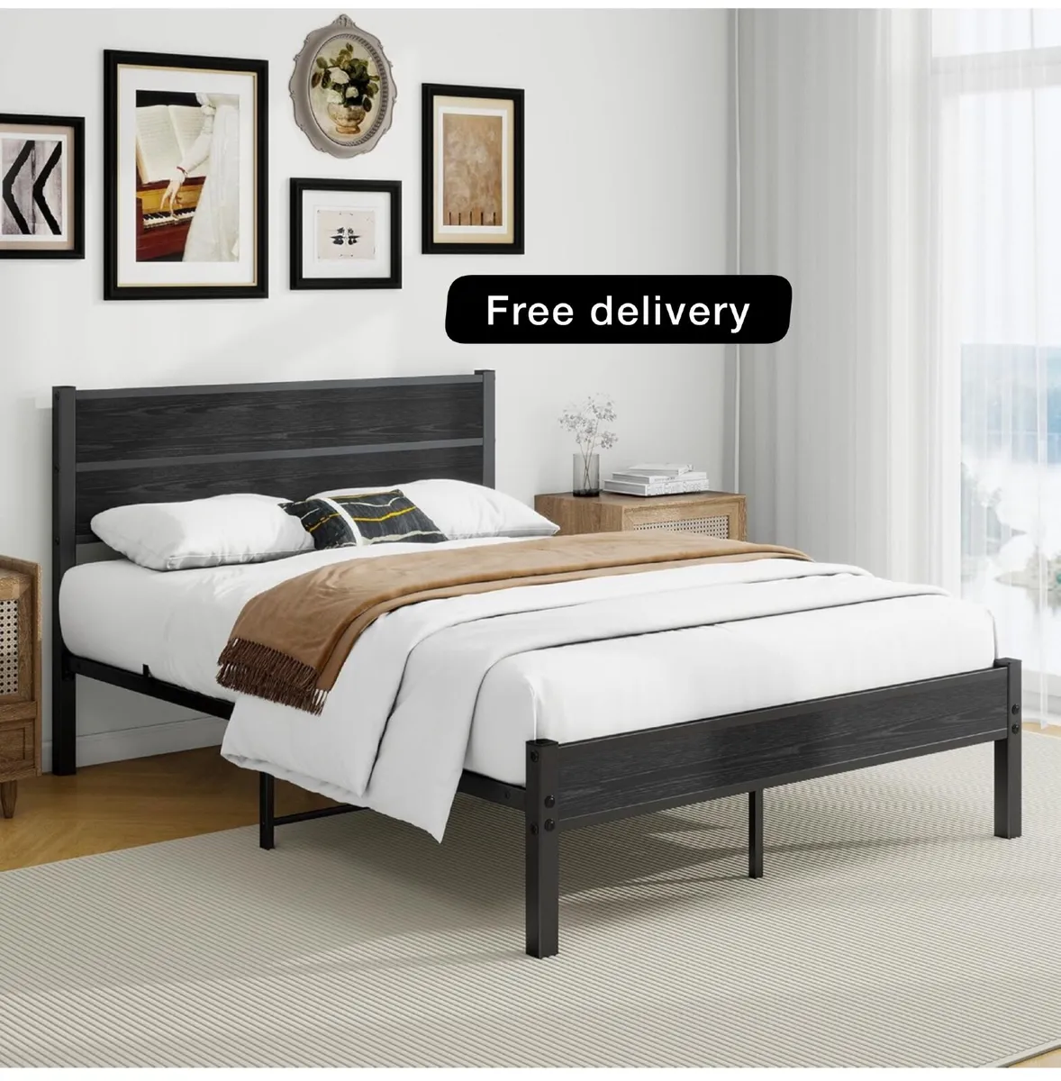 Double Bed Frame with Wooden Headboard and Footboa - Image 1