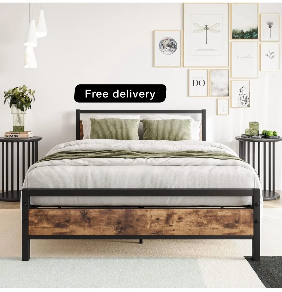 Double Bed Frames with Wood Headboard - Image 1
