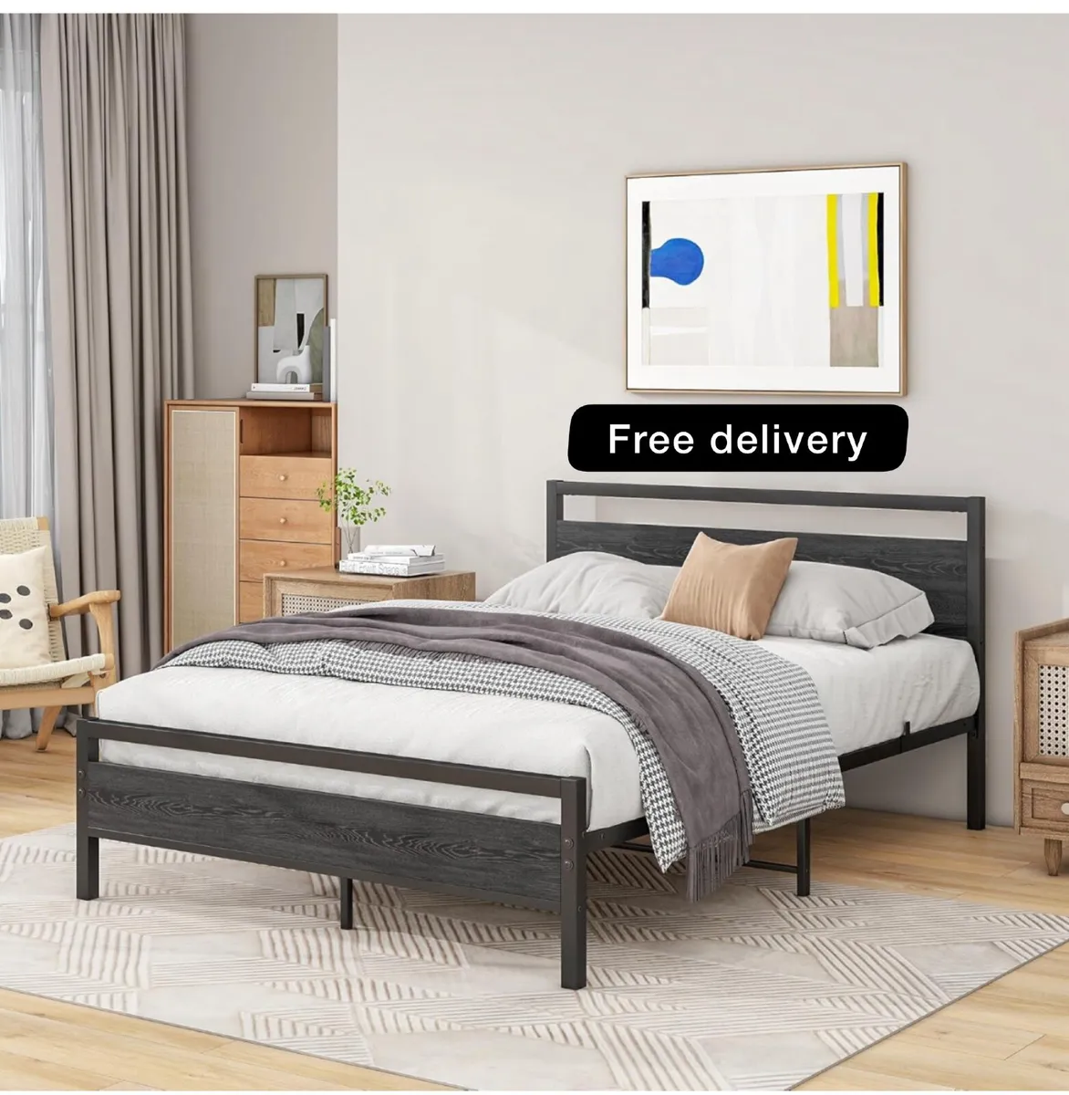 4ft6 Double Bed Frames with Wood Headboard,Heavy D - Image 1