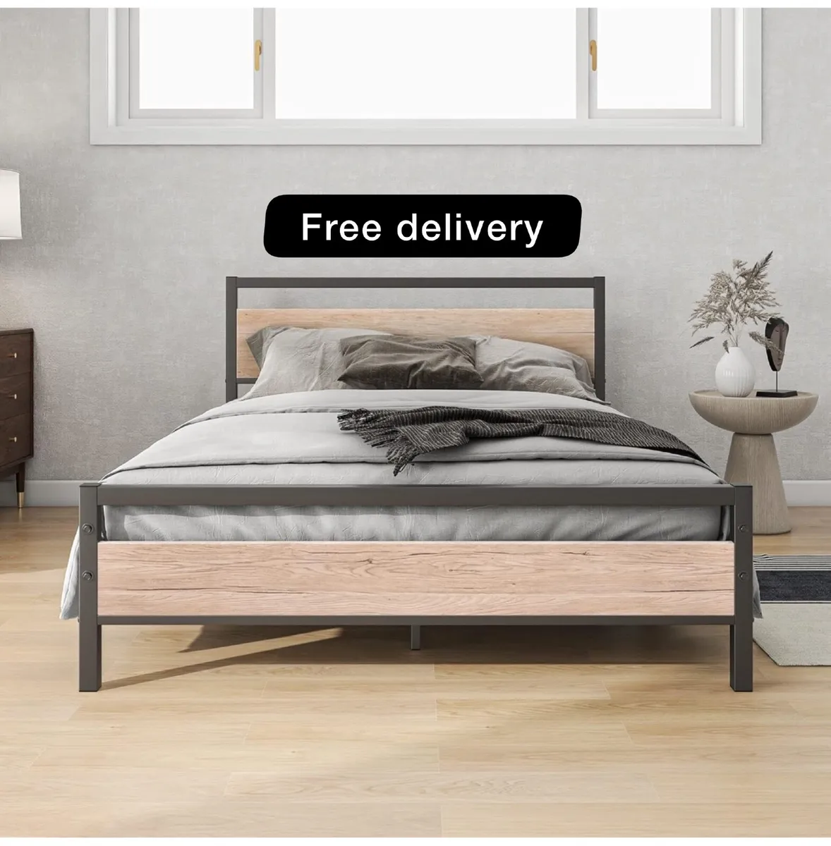 4ft6 Double Bed Frames with Wood Headboard - Image 1