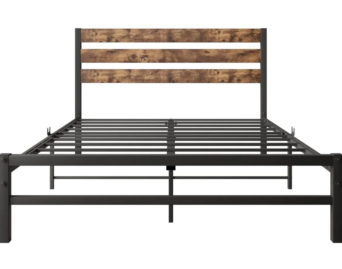 Double Bed Frame with Rustic Wood Headboard - Image 2
