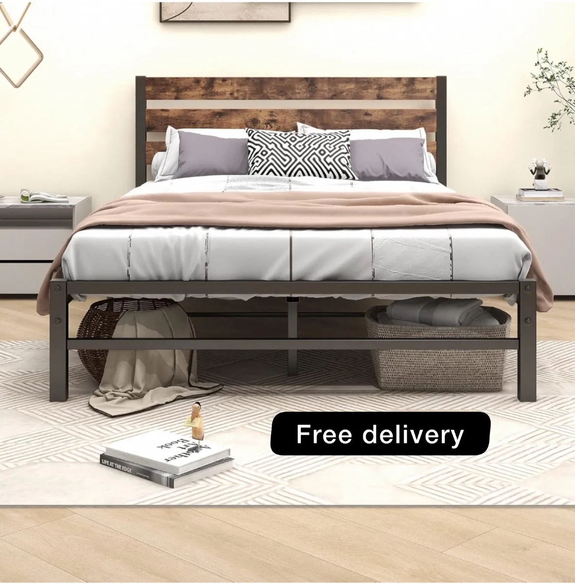 Double Bed Frame with Rustic Wood Headboard - Image 1