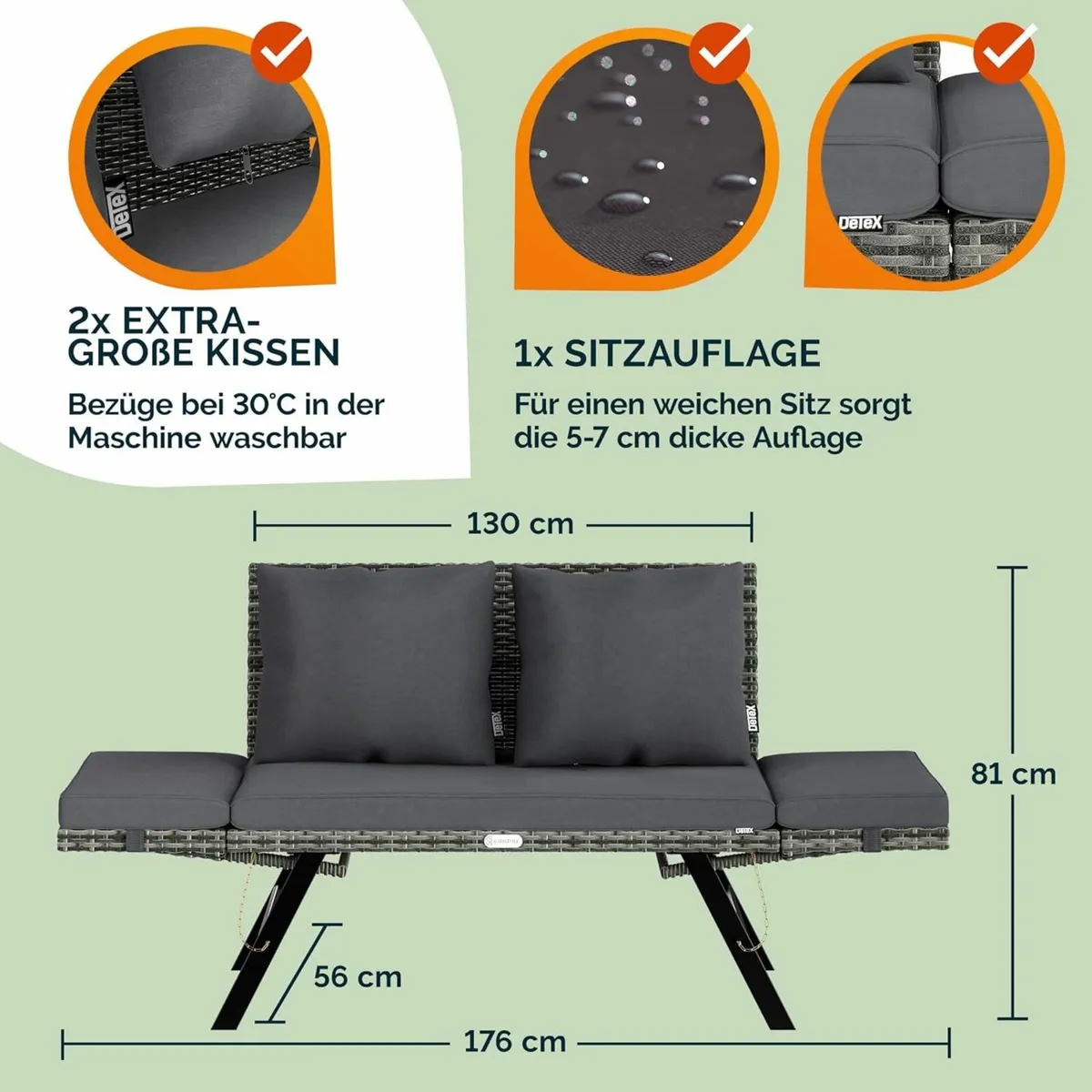 Polyrattan Garden Bench with Reclining Function Cu - Image 2