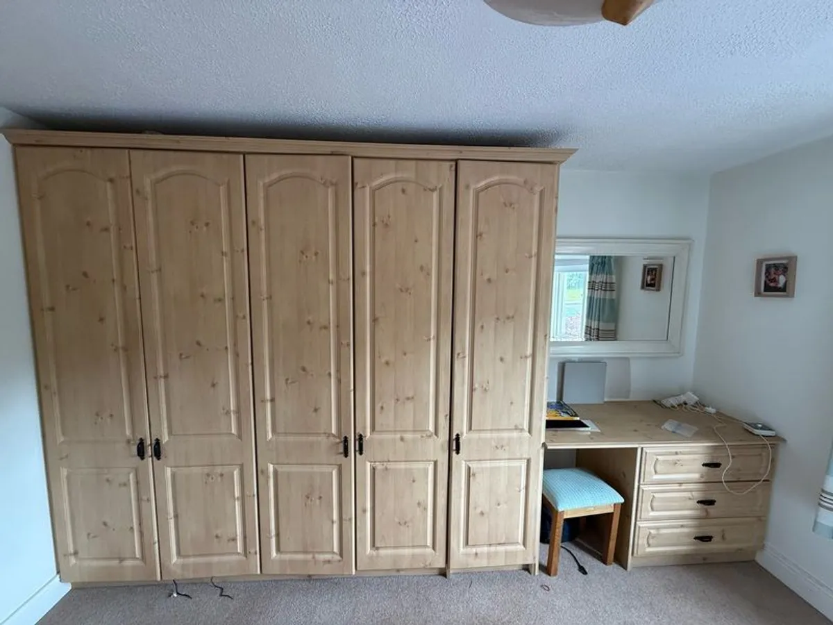 Free wardrobes, matching locker and headboard. Good condition. Wardrobes roughly 2.5m in length, dresser 1.4m - Image 1
