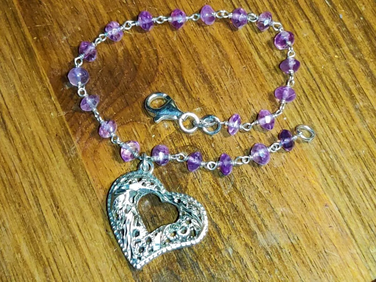 AMETHYST SILVER HEART, 925 Silver New Bracelet ! - Image 1