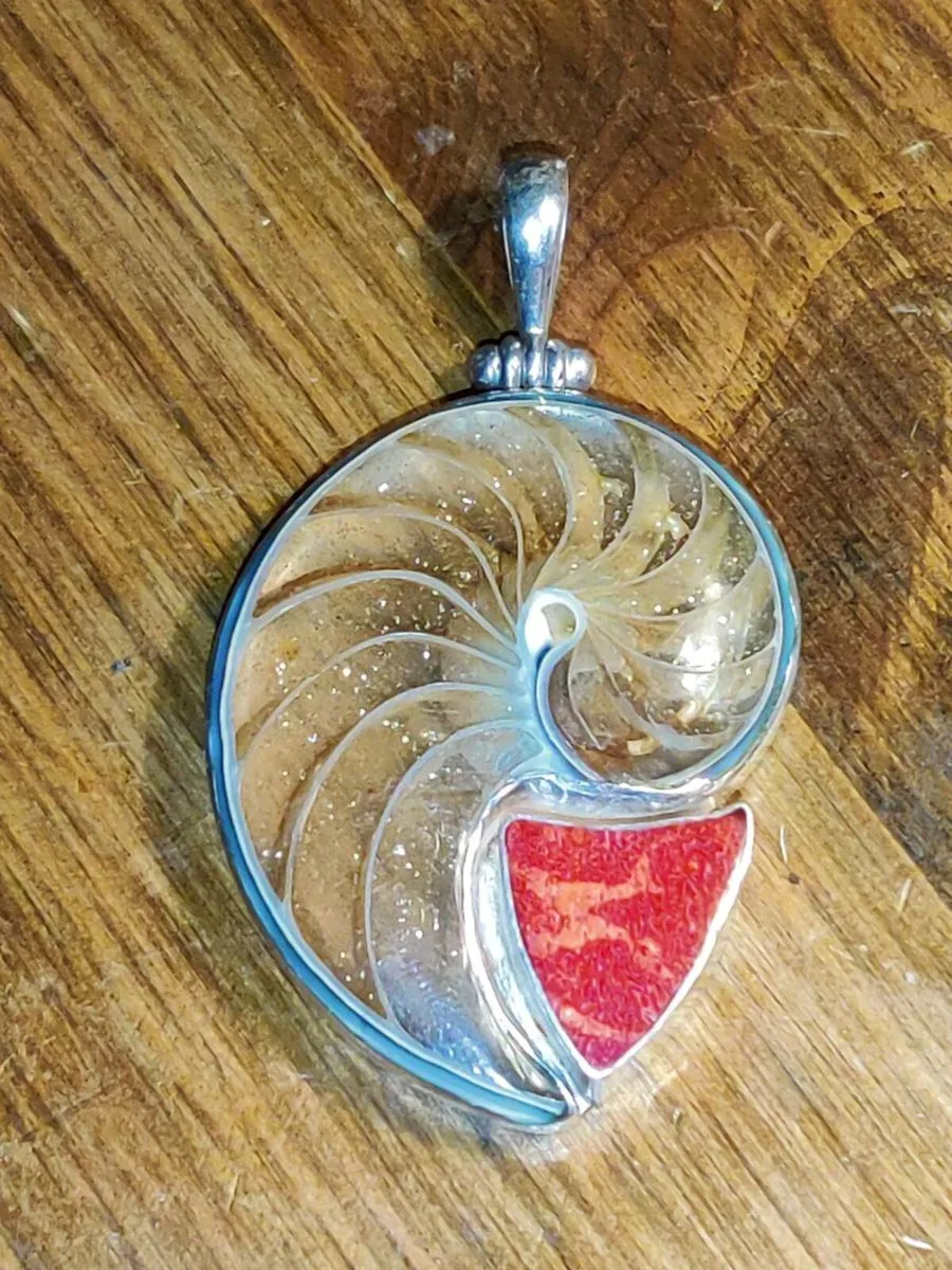HUGE OBLINE SHELL & RED CORAL, 925 Silver Pendant - Image 1