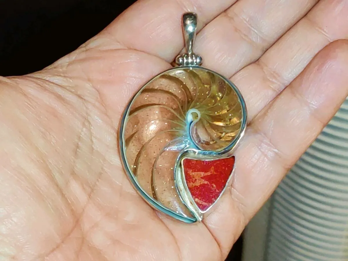 HUGE OBLINE SHELL & RED CORAL, 925 Silver Pendant - Image 3