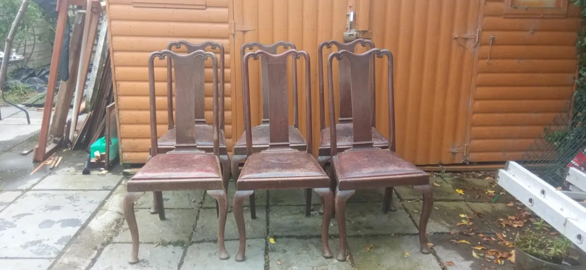 6 Antique Queen Anne Chairs With Leather Seats - Image 2