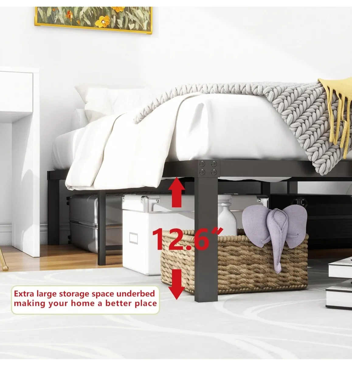 4ft6 Double Bed Frames, 36cm High Metal Platform - Image 4