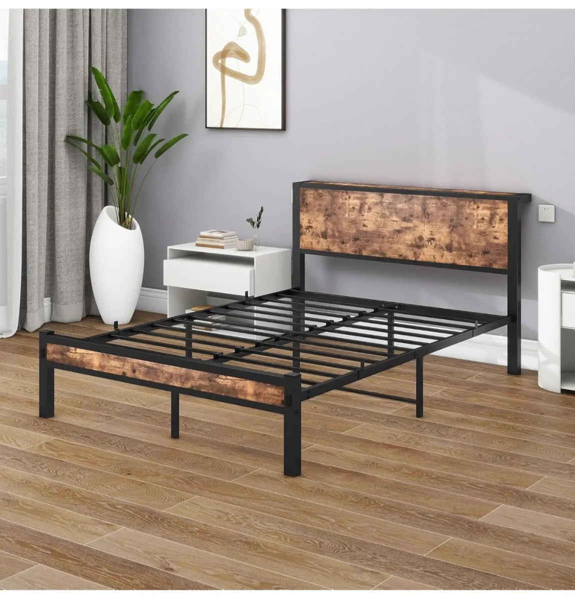 Double Bed Frame with Wooden Storage Shelf Headboa - Image 3