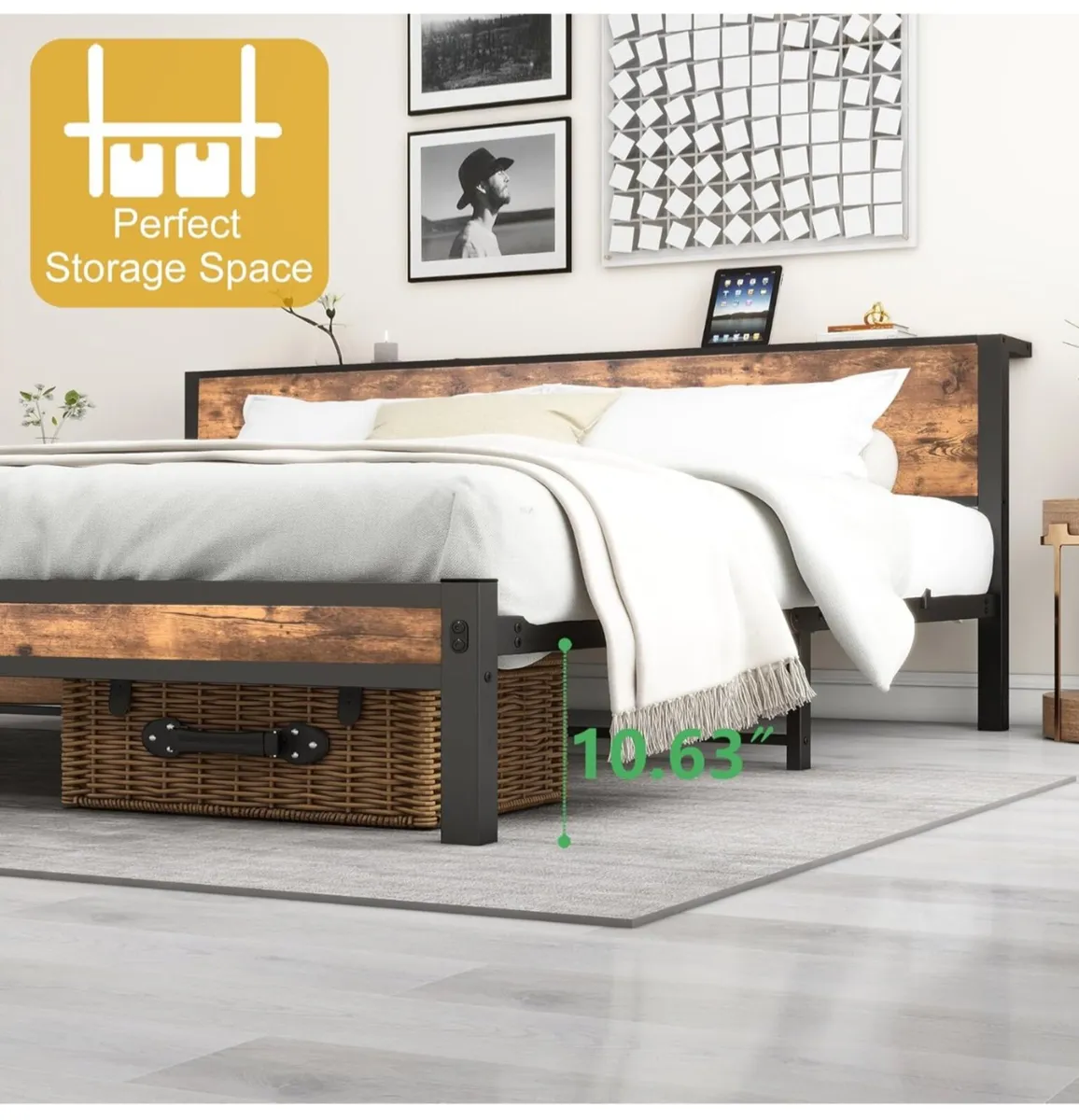 Double Bed Frame with Wooden Storage Shelf Headboa - Image 4
