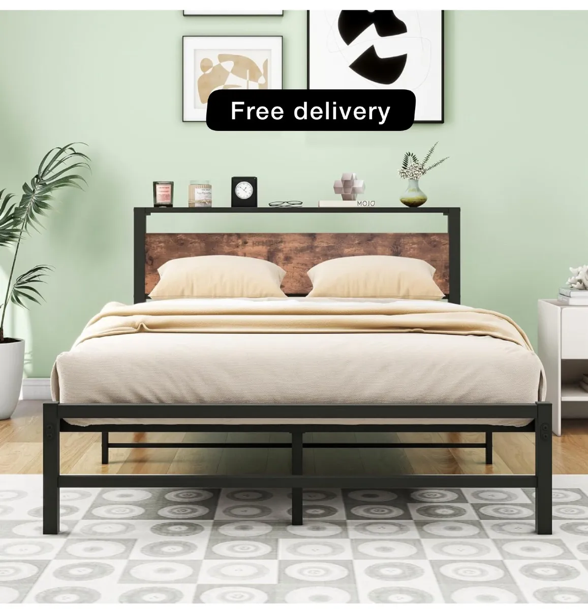 Double Bed Frame with Wood Storage Headboard - Image 1