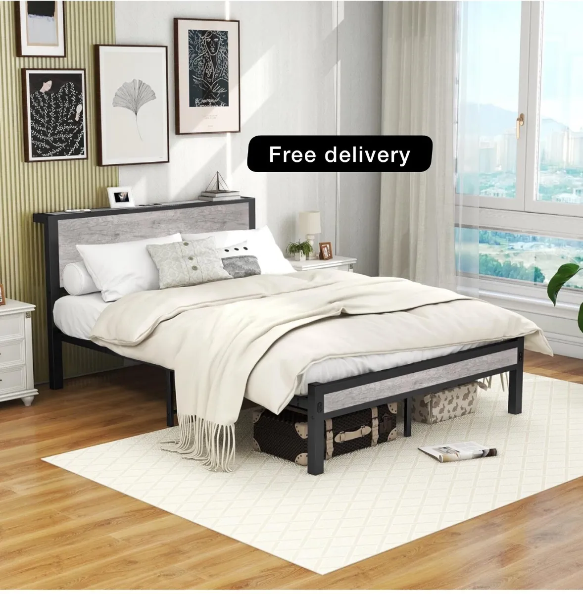 Double Bed Frame with Wooden Storage Shelf Headboa - Image 1