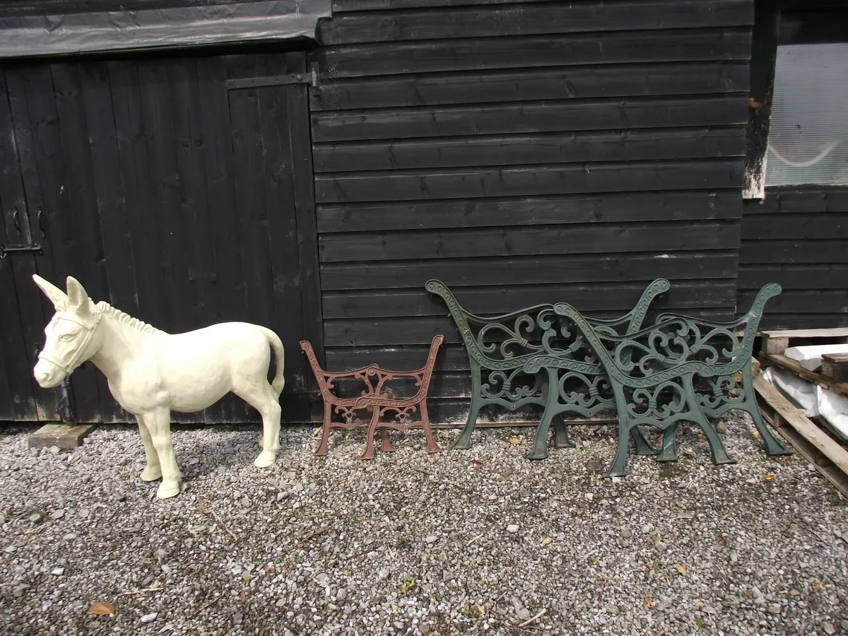 3 X Metal Garden Bench Ends + Terracotta Donkey - Image 1