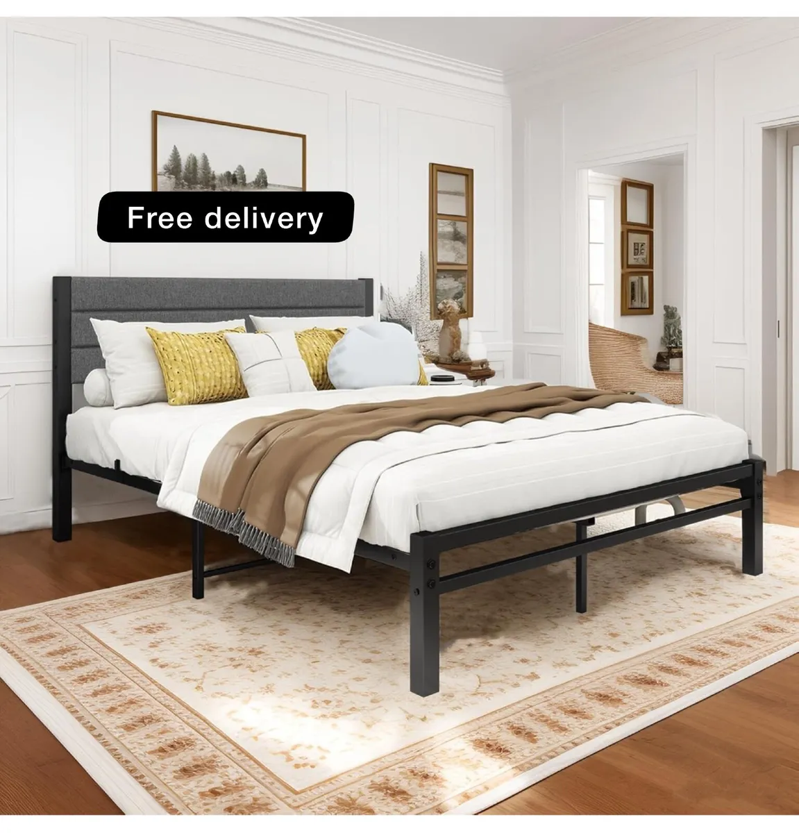 Double Bed Frame with Upholstered Headboard - Image 1