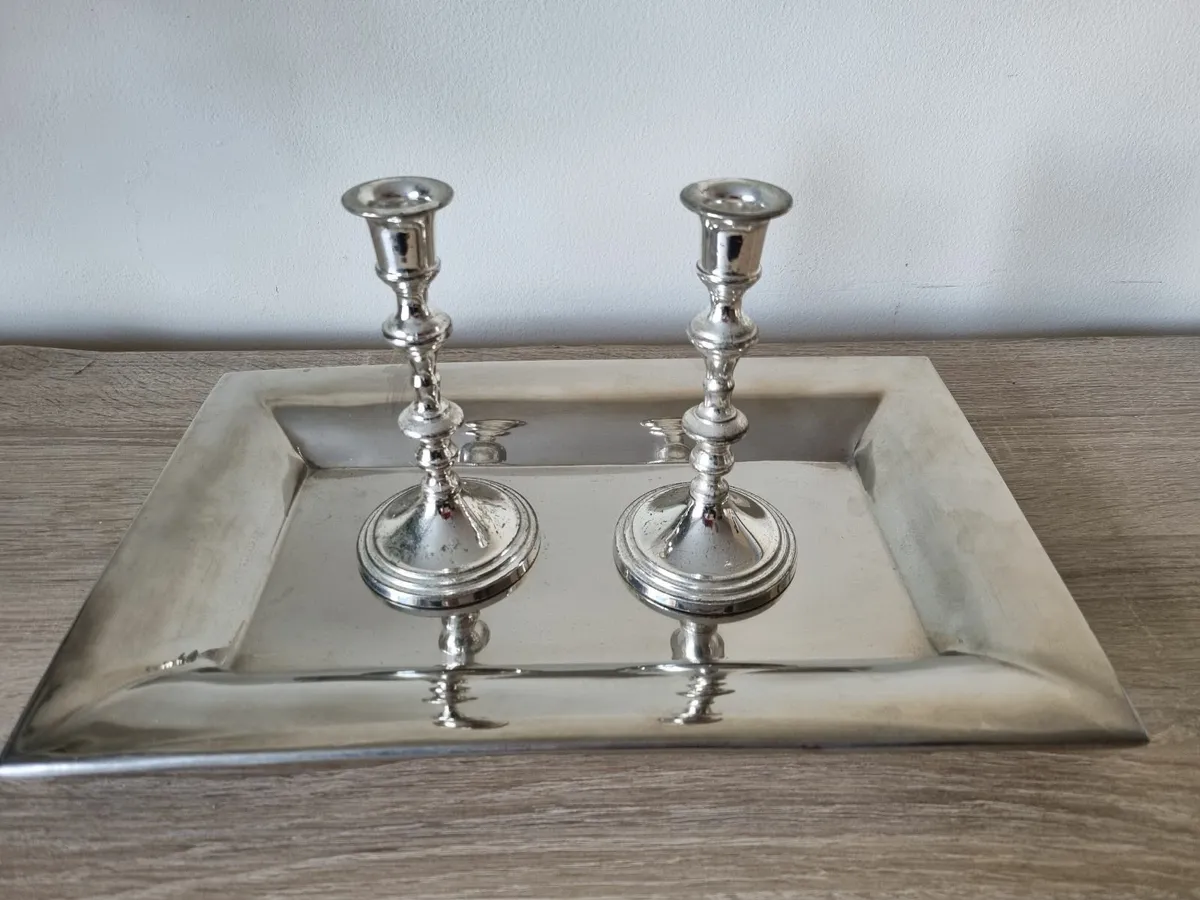 Silver tray and two candle stick holders home deco - Image 1