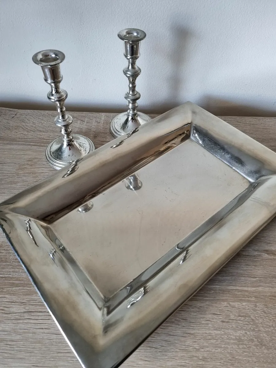 Silver tray and two candle stick holders home deco - Image 2