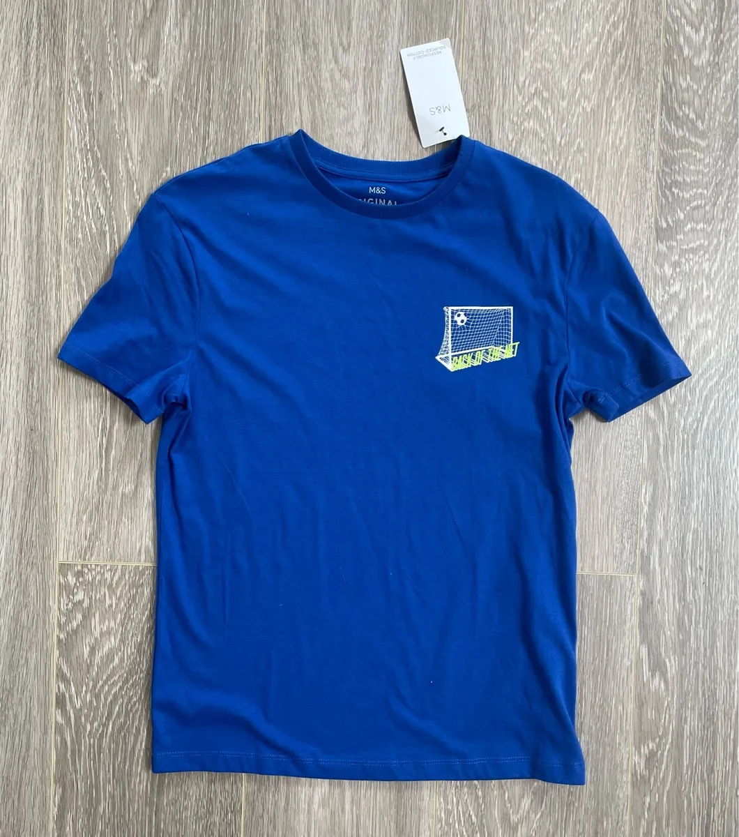 BRAND NEW WITH TAGS M&S Blue Football T-shirt: 12- - Image 2
