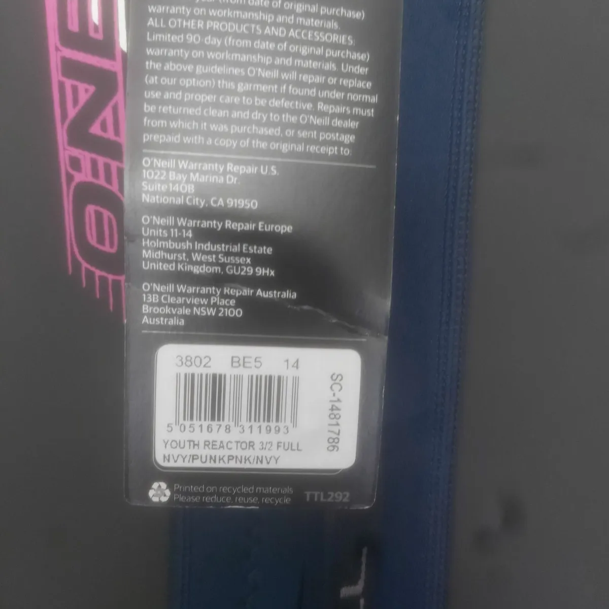 O Neill Youth (14) Reactor 3/2 Full Wetsuit - Image 3