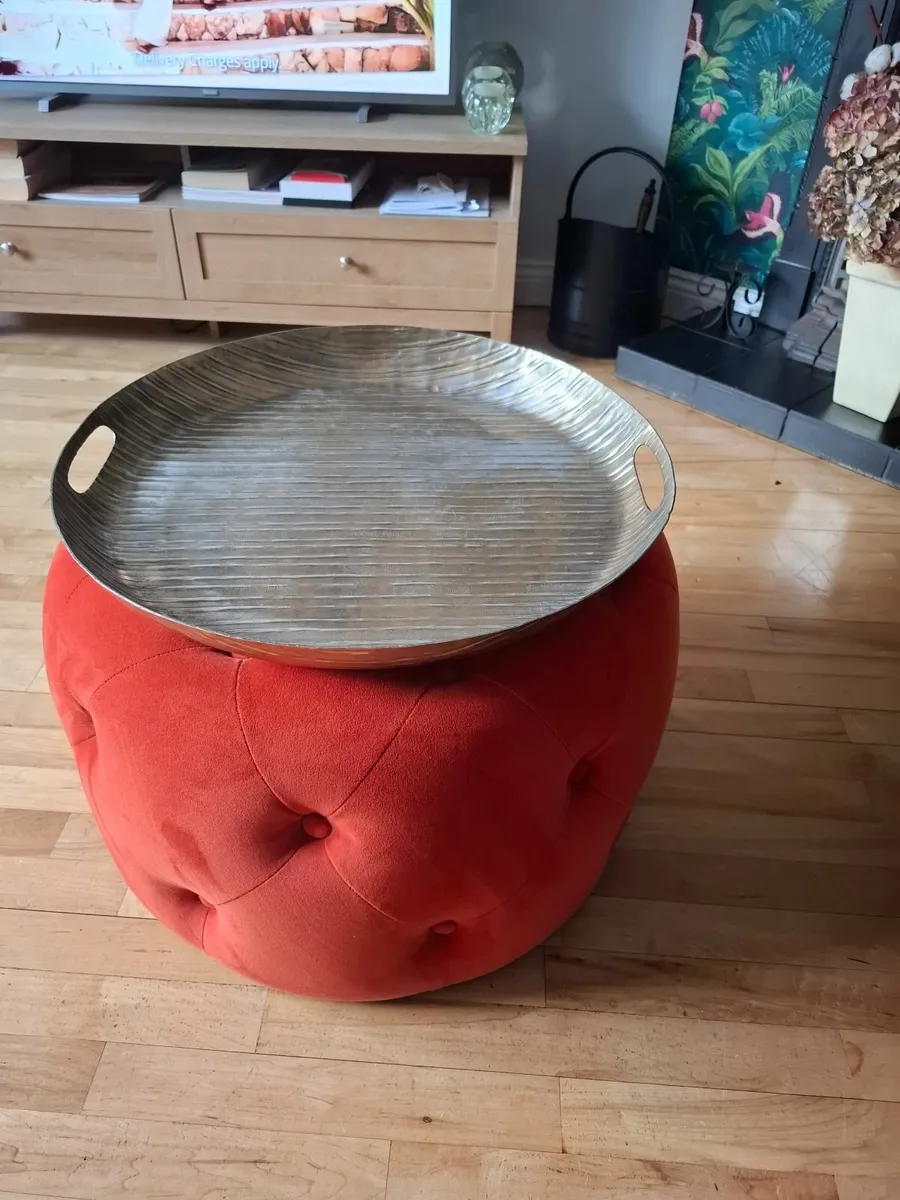 Orange velvet  pouffe and large brass tray - Image 2