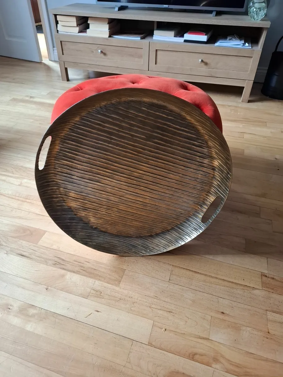 Orange velvet  pouffe and large brass tray - Image 3