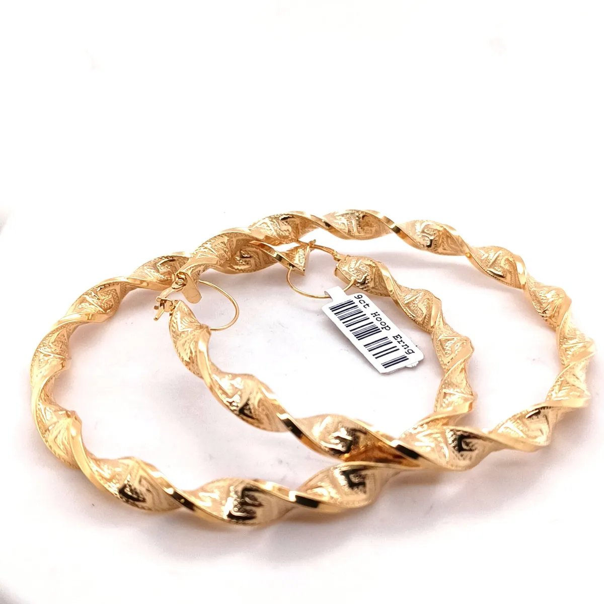 9k Gold Large Hoops Earrings, Greek Key Detail - Image 1