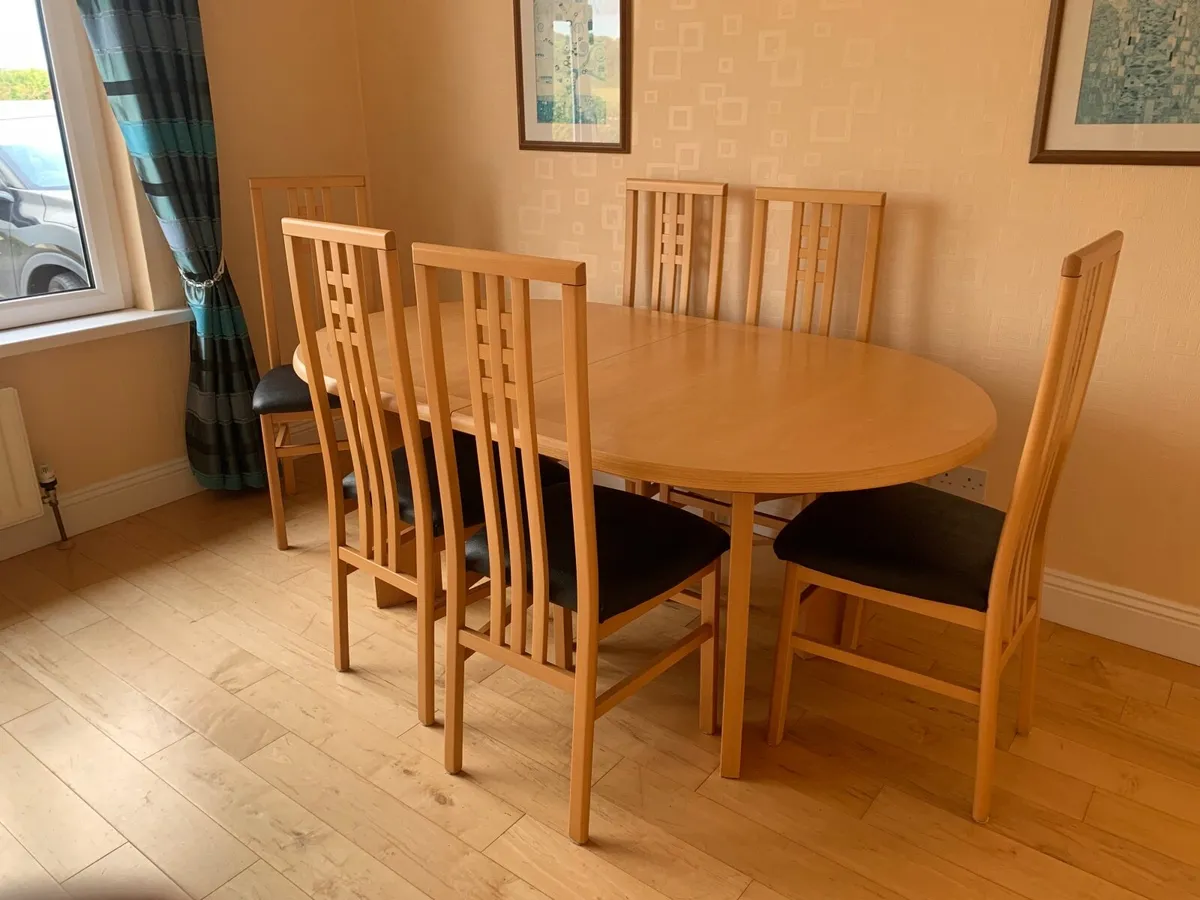 Dining table and 6 leather chairs for sale - Image 1
