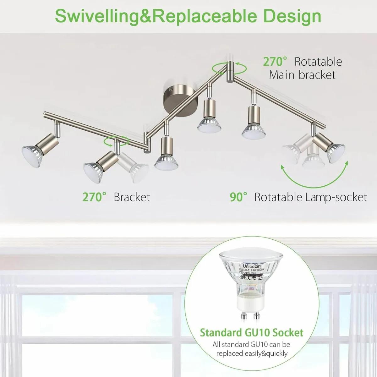 LED Ceiling Light Rotatable, 6 Way LED 6x4W Bulbs - Image 2