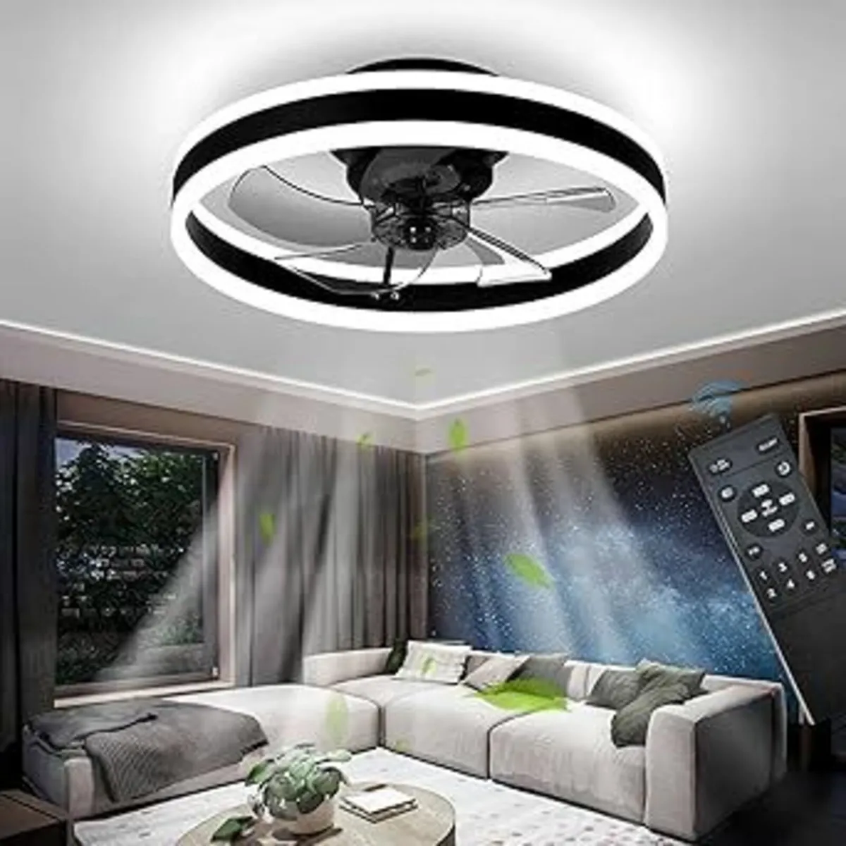 LED Ceiling Fan LightsRemote 6 Speeds  Black 50cm - Image 2