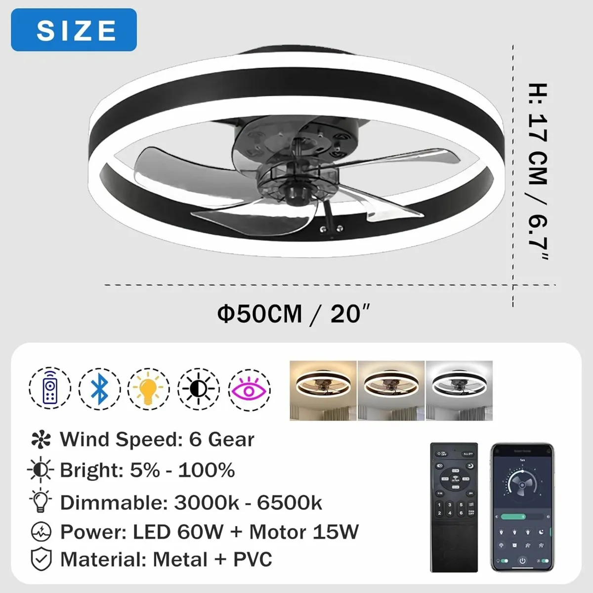 LED Ceiling Fan LightsRemote 6 Speeds  Black 50cm - Image 4