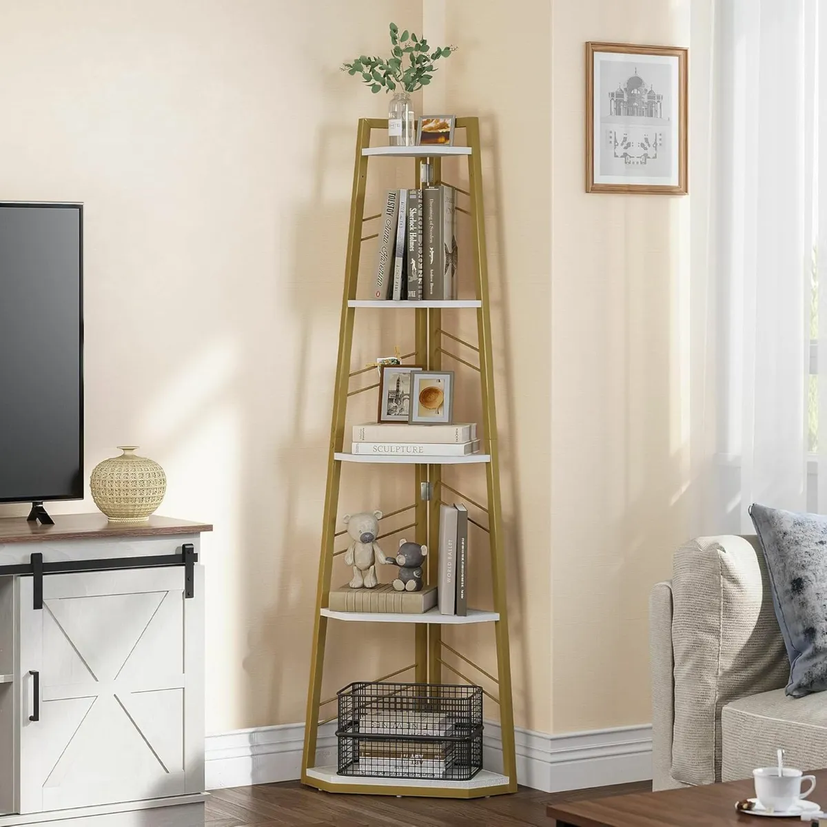 Corner Shelf 5 Tiers Bookshelf Glod Modern - Image 3