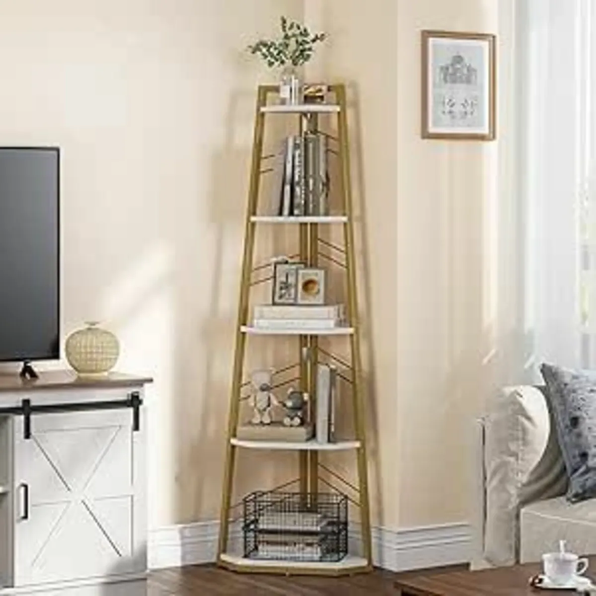 Corner Shelf 5 Tiers Bookshelf Glod Modern - Image 4