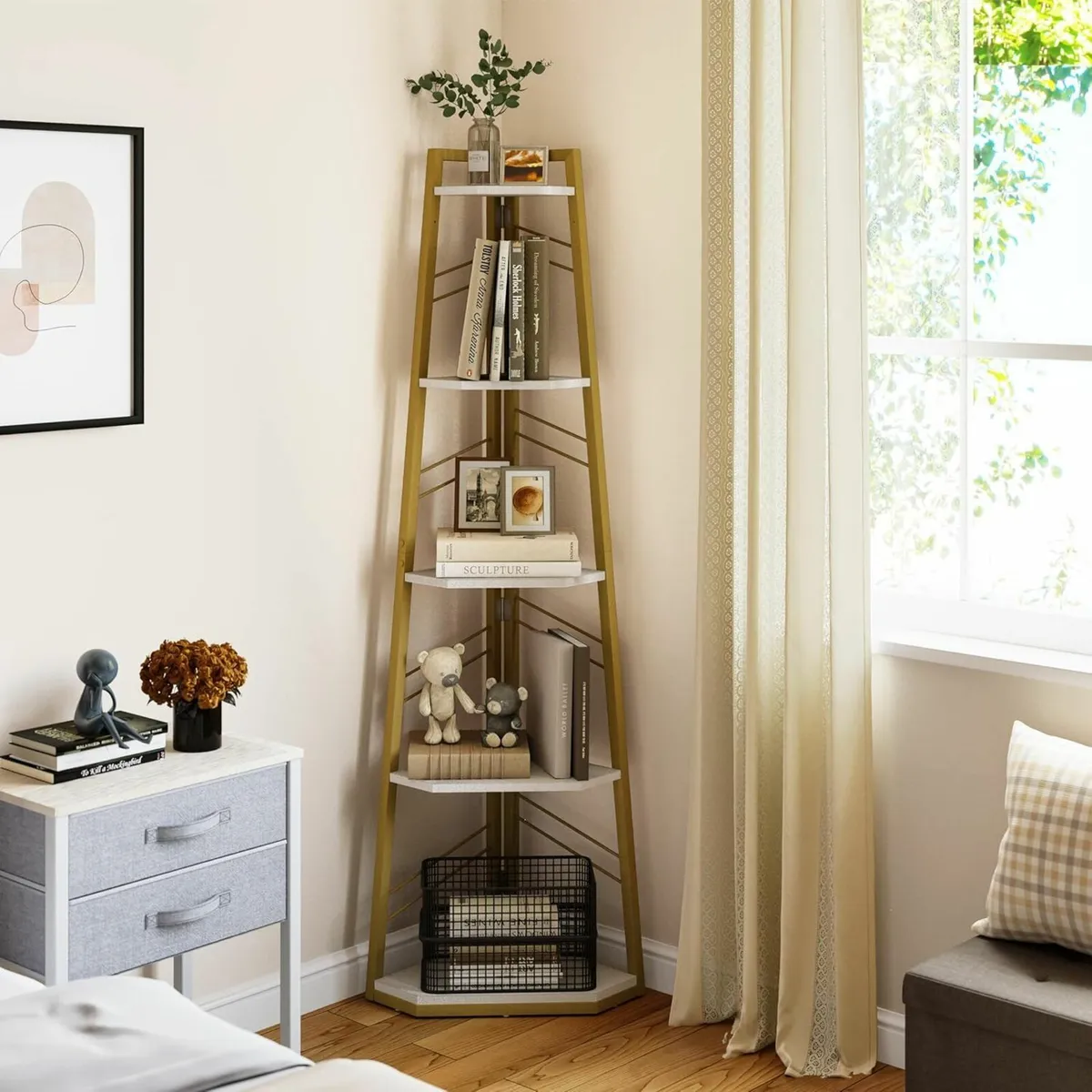 Corner Shelf 5 Tiers Bookshelf Glod Modern - Image 1