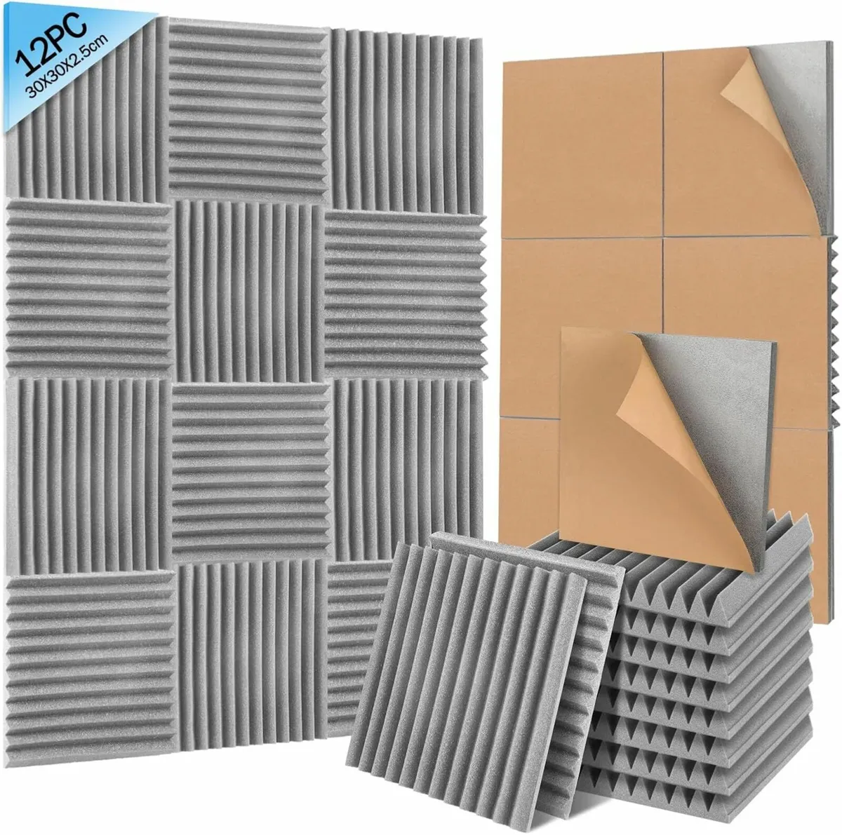 Sound Proofing Panels 12 Pack 30x30x2.5cm Grey - Image 1