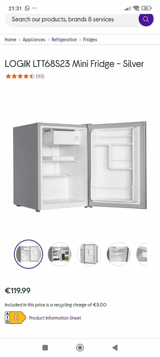 Logik mini fridge  with freezer - Image 1