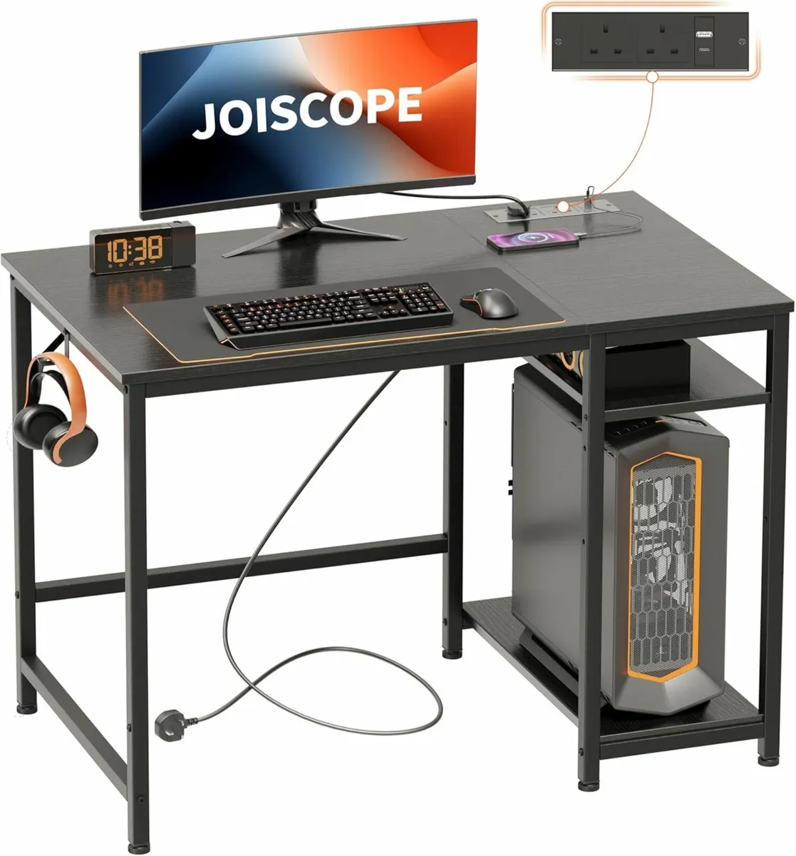 Computer Black Gaming Office Desk USB Outlet100cm - Image 1