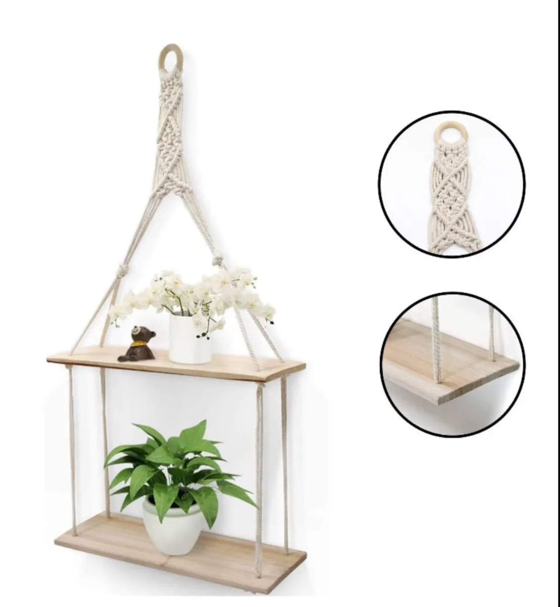 2 Tier Hanging Floating Rope Wooden Shelves - Image 1