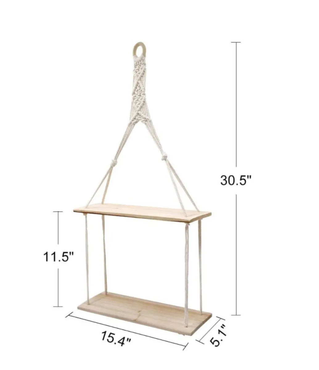 2 Tier Hanging Floating Rope Wooden Shelves - Image 2