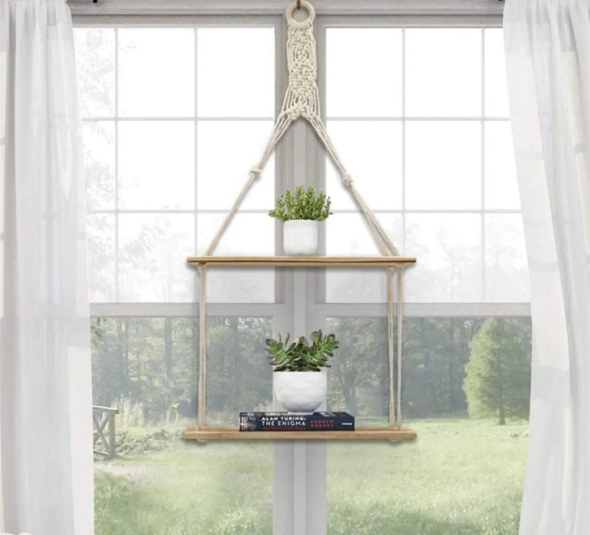 2 Tier Hanging Floating Rope Wooden Shelves - Image 3