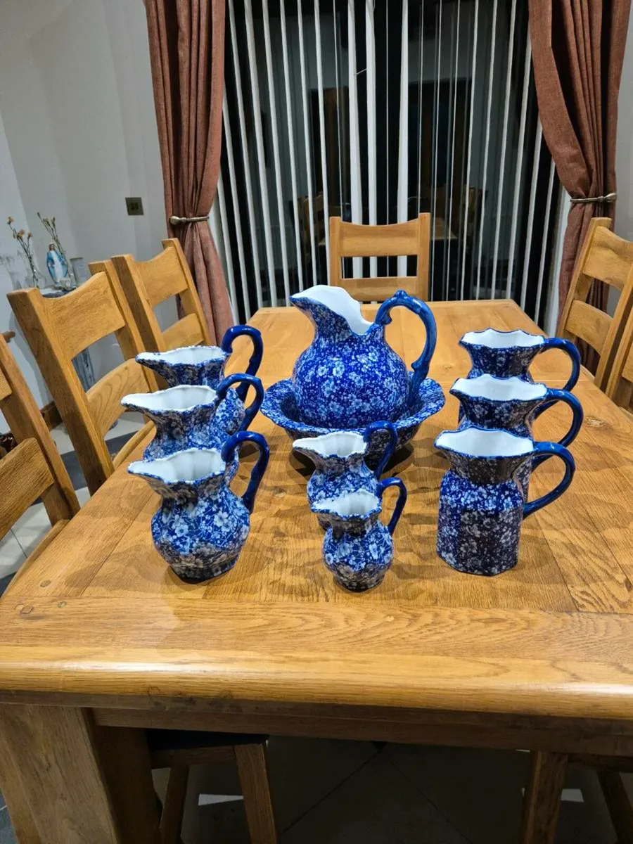 Antique blue jugs and bowl