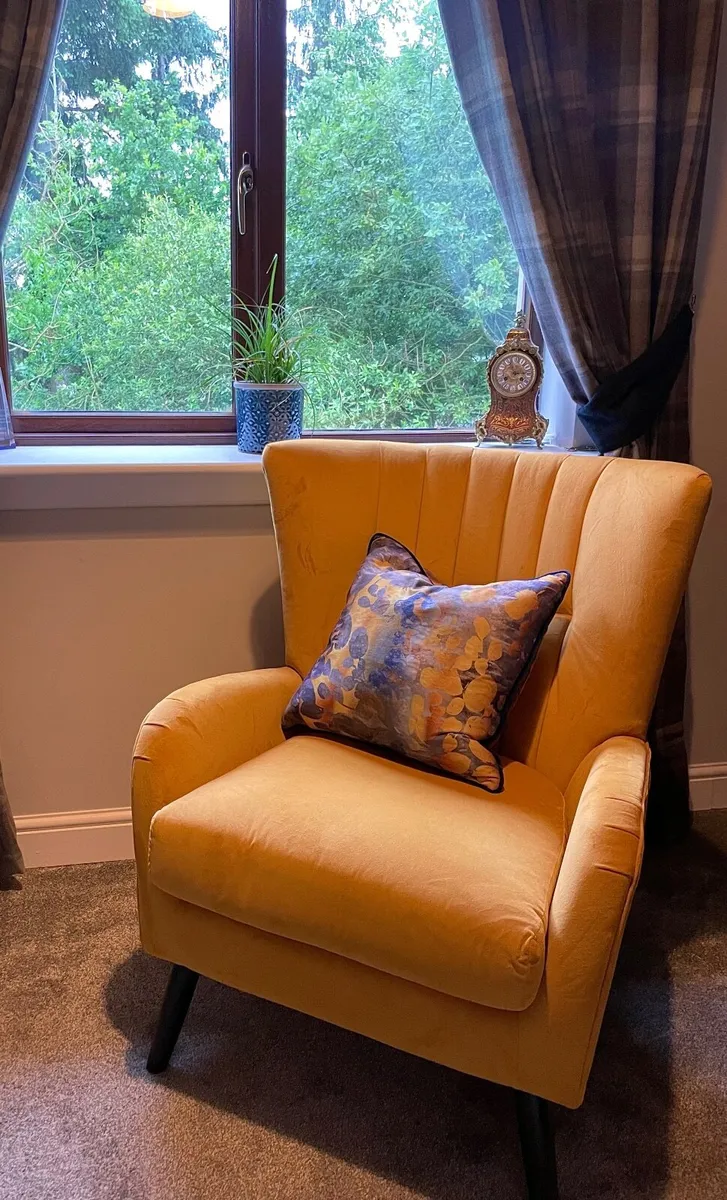 Ochre velvet mid century armchair - Image 1