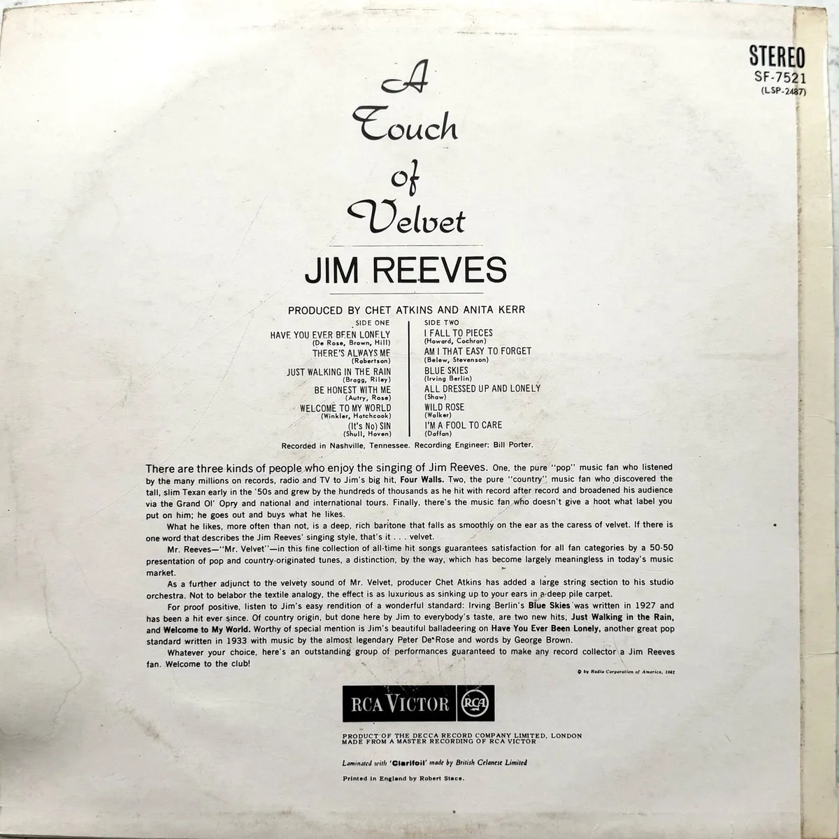 Vinyl LP - Jim Reeves - A touch of velvet - Image 2