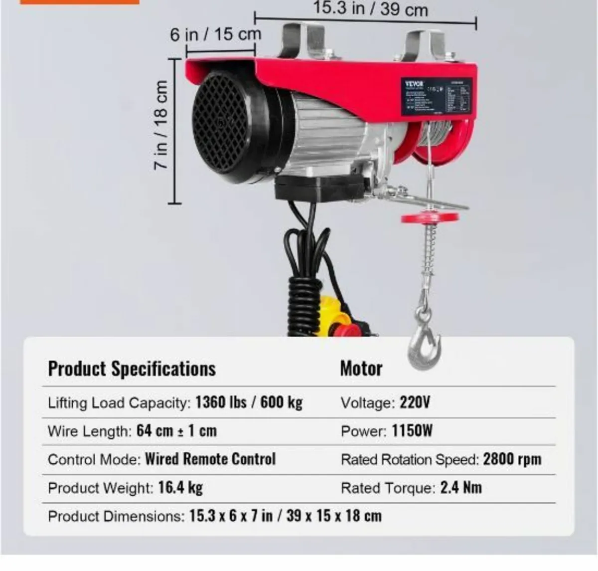 Electric Hoist, 1320 lbs Lifting Capacity, 1150W - Image 3