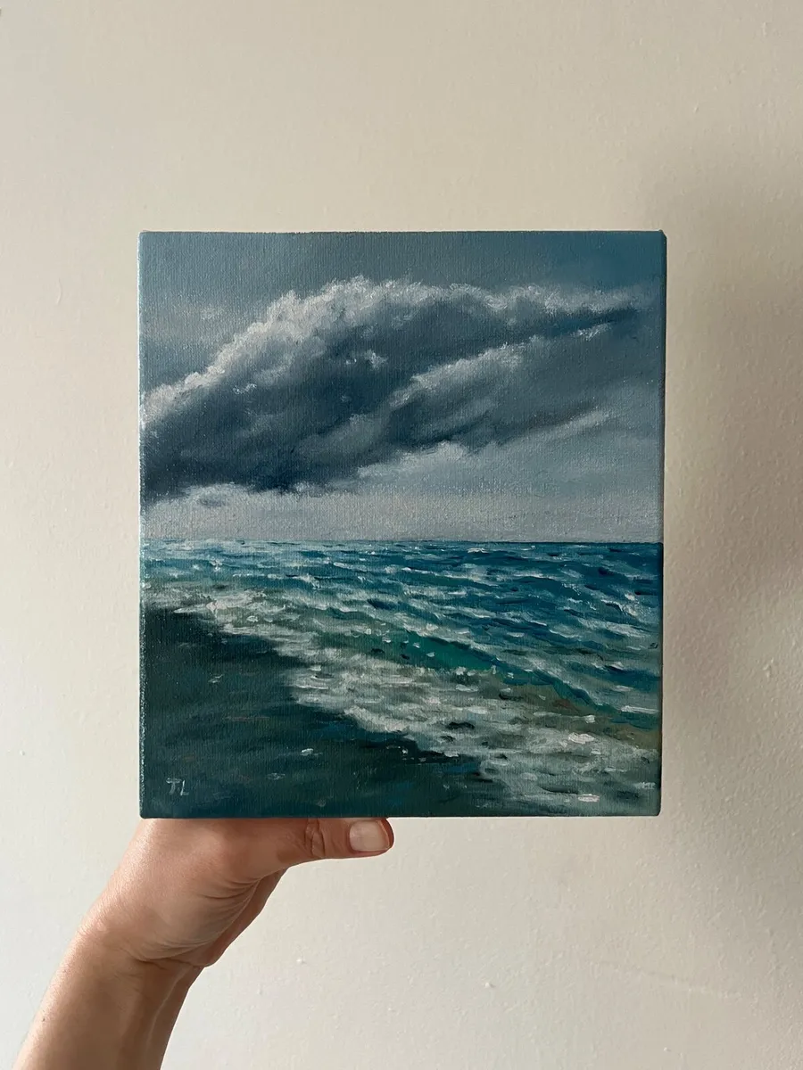 ORIGINAL OIL PAINTING Seascape Small Sea Storm Art - Image 3