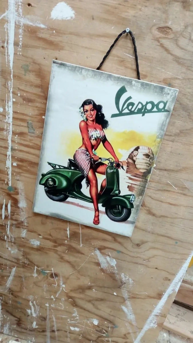 Vespa scooter sign rough & rustic aged wood sign - Image 1