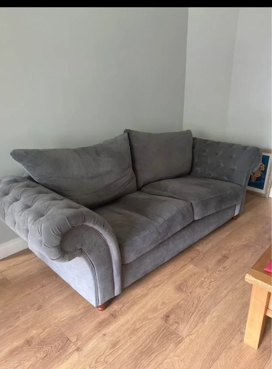 Grey Three Seater Sofa, Love chair and side board - Image 1